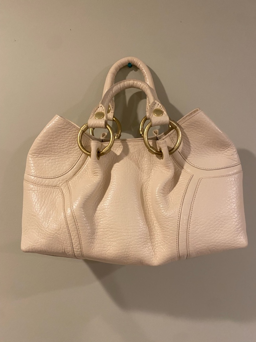 Kenneth Cole New York Ivory Pebbled Leather Tote with Gold Rings